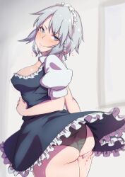 ass black_panties black_skirt black_vest blue_eyes blush braid breasts closed_mouth commentary_request covered_nipples cowboy_shot female frilled_skirt frills from_behind grey_hair hand_on_own_ass heart heart-shaped_pupils highres izayoi_sakuya large_breasts looking_at_viewer looking_back maid maid_headdress panties puffy_short_sleeves puffy_sleeves pussy_juice sakuya_izayoi short_hair short_sleeves skirt solo symbol-shaped_pupils touhou twin_braids underwear vest yocchi_(tenyunkel)