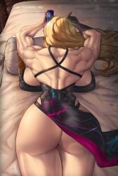 1girls 2021 ass back_muscles barghest_(gawain)_(fate) bed bedroom big_ass big_breasts blonde_hair breasts bubble_butt busty cellphone clothing dat_ass dress dumptruck_ass fat_ass fate/grand_order fate_(series) female female_only huge_ass huge_breasts indoors large_ass large_breasts light-skinned_female light_skin lying lying_on_stomach muscular_female solo text the_freeman thick_ass thick_thighs thunder_thighs translation_request wide_hips