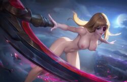 ass black_eyepatch blonde_hair blue_eyes boobs breasts completely_nude completely_nude_female effects erect_nipples exposed_breasts exposed_pussy eyepatch female female_only holding_scythe large_breasts long_hair mobile_legends mobile_legends:_adventure mobile_legends:_bang_bang moon night nipples nude pussy ruby_(mobile_legends) scythe spread_arms spread_legs vagina video_game video_game_character video_games yellow_hair