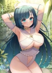 1girls alternate_costume amano_nene_(vtuber) belly_button blush female female_only green_eyes green_hair light-skinned_female light_skin looking_at_viewer outside production_kawaii smile solo underboob virtual_youtuber yukiunag1