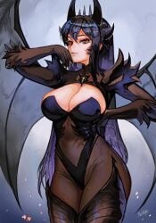 1girls 2022 big_breasts black_hair cleavage demon_horns demon_wings female female_only hi_res horns light-skinned_female light_skin long_hair looking_at_viewer nextoad pose red_eyes solo wings