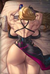 1girls 2021 ass back_muscles barghest_(gawain)_(fate) bed bedroom big_ass big_breasts blonde_hair breasts bubble_butt busty cellphone clothing dat_ass dress dumptruck_ass fat_ass fate/grand_order fate_(series) female female_only huge_ass huge_breasts indoors large_ass large_breasts light-skinned_female light_skin lying lying_on_stomach muscular_female solo text the_freeman thick_ass thick_thighs thunder_thighs translation_request wide_hips