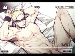 1boy abs arms_up attack_on_titan bara blindfold blonde_hair bound bound_wrists completely_nude cuffs flaccid handcuffs kyosuke large_pectorals lying male_focus male_only muscular muscular_male navel nipples nude on_back on_bed out-of-frame_censoring pectorals penis penis_peek recording reiner_braun shingeki_no_kyojin short_hair solo solo_male spread_legs stomach sweatdrop viewfinder