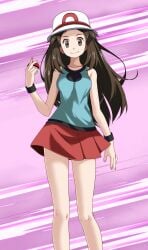 black_undershirt blue_shirt brown_eyes brown_hair fully_clothed hat holding_object leaf_(pokemon) long_hair looking_at_viewer pokeball pokemon red_skirt skirt smile solo_female tsukishiro_saika white_hat wrist_cuffs