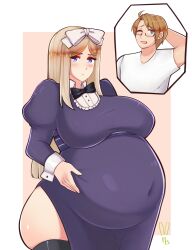 1boy 1girls alfred_jones alternate_version_available america_(hetalia) axis_powers_hetalia belarus_(hetalia) belly big_belly big_breasts blonde_hair blue_eyes blush blushing breasts clothed commission commissioner_upload cuffs dress embarrassed female hairbow leggings light-skinned_female light-skinned_male light_skin long_hair male natalia_alfroskaya pregnant rabidbunny ready_to_pop tagme thick_thighs