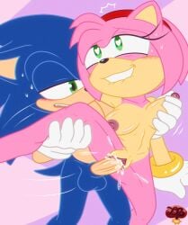 <3_eyes amy_rose anthro balls bite biting_lip blue_body blue_fur blush bodily_fluids breast_grab breasts clothing cum cum_inside duo erection eulipotyphlan female female_penetrated from_behind_position fur genital_fluids genitals gloves green_eyes hair hand_on_breast handwear heart hedgehog hi_res ladycherrybomba leg_grab looking_pleasured male male/female male_penetrating male_penetrating_female mammal nipples nude penetration penile penis pink_body pussy sega sex simple_background sonic_(series) sonic_the_hedgehog sonic_the_hedgehog_(series) vaginal_penetration