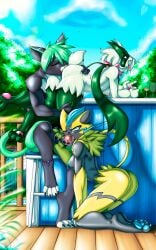 3_toes 4_toes absurd_res aevyn anklet anthro ass black_body black_claws black_paws blue_eyes blue_nipples blue_pawpads claws closed_eyes countershading cunnilingus facial_markings feet felid feline fellatio female furniture generation_7_pokemon generation_9_pokemon genitals green_body green_butt green_hair green_markings green_tail group group_sex hair hand_on_penis head_markings hi_res hiliwd jewelry legendary_pokemon male male/female mammal markings meowscarada multicolored_body nintendo nipples nude on_ground one_eye_closed oral outdoor_sex pawpads penile penis pink_pawpads pokemon pokemon_(species) pokemon_sv sex sitting stool table tail threesome toe_curl toes tongue tongue_out trio vaginal_penetration white_body white_claws white_countershading white_toes yellow_butt yellow_tail zeraora