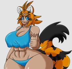 big_breasts breasts female huge_eyebrows jumneyarts thick_eyebrows thick_thighs thumbs_up tiger tiger-brows_(character) tiger_girl tongue_out wide_hips