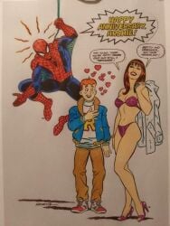 1girls 2boys age_difference archie_andrews archie_comics bra breasts crossover curvy curvy_female curvy_figure dialogue english_text female funny heart human john_romita light-skinned_female light-skinned_male light_skin male marvel marvel_comics mary_jane_watson model_pose older_female panties peter_parker red_hair slut speech_bubble spider-man spider-man_(series) spider_sense straight_hair superhero text thong topless wide_hips younger_male