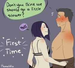 1boy 1girls aged_up assertive assertive_female blush damian_wayne dc dc_comics english_text female heavy_blush inviting inviting_to_sex light-skinned_female light_skin male rachel_roth raven_(dc) robin_(damian_wayne) robin_(dc) shy speech_bubble straight suggestive sweatdrop teen_titans text undressing