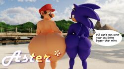 2boys 3d 3d_(artwork) 3d_model ass ass_focus background beach big_ass big_butt big_thighs blender blue_body blue_butt blue_eyes blue_fur brown_hair bubble_ass bubble_butt crossover english_text envy gay green_eyes hedgehog huge_ass male male_only mario mario_(series) moustache multiple_boys nintendo outdoors red_cap red_hat sand short_tail sonic_(series) sonic_the_hedgehog sonic_the_hedgehog_(series) speech_bubble sunglasses_on_head text text_bubble yaoi