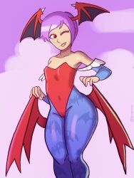 bottom_heavy clothing darkstalkers flat_chest lilith_aensland pink_hair small_breasts succubus thick_thighs tilio vampire_savior wide_hips winking