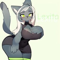 ai_generated big_breasts big_thighs breast_touch feline gray_hair green_eyes hips long_hair long_socks male_to_female rule_63 thighs