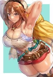 1girls armpit_fetish armpit_focus armpits arms_behind_head arms_up atelier_(series) atelier_ryza belt beret big_breasts brown_eyes brown_hair cleavage closed_mouth clothed daraz18aka female female_only flask hat hourglass_figure jacket_removed large_breasts light-skinned_female looking_at_viewer necklace red_shorts reisalin_stout shiny_skin short_hair short_shorts shorts slim_waist smile sweat sweaty sweaty_armpits sweaty_thighs test_tube thick_thighs thigh_boots thighs tight_clothing wide_hips