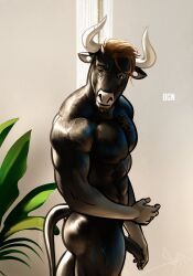 2023 abs anthro bgn black_body bovid bovine cattle genitals glistening glistening_body hi_res horn humanoid_genitalia humanoid_penis male mammal nude penis solo standing tattoo