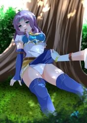 1girls against_tree aqua_eyes armor bare_thighs boots breasts clothes_lift elbow_gloves female female_focus fingerless_gloves fire_emblem fire_emblem:_the_blazing_blade florina_(fire_emblem) gloves green_eyes headband kisaragi_setsu_(mssk8485) long_hair medium_breasts nintendo open_mouth outdoors panties purple_hair short_sleeves sitting skirt skirt_lift sleeping solo_focus thick_thighs thigh_boots thighs tree underwear upskirt waking_up white_panties