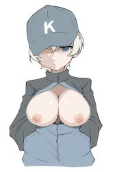 baseball_cap blue_eyes breasts girls_und_panzer grey_headwear hat headwear nattsun nipples open_jacket tagme white_hair youko_(girls_und_panzer)