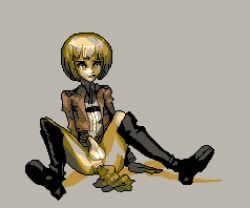 1boy anus armin_arlert attack_on_titan balls blonde_hair human human_only male male_only penis pixel_art scat shitting small_penis solo solo_male usagaijin