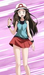 black_undershirt blue_shirt brown_eyes brown_hair hat holding_object leaf_(pokemon) long_hair looking_at_viewer pokeball pokemon red_skirt scared skirt sweat tsukishiro_saika white_hat wrist_cuffs