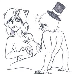 1boy1girl cat_ears cum cumshot ellie_(rockcandy) older_female paizuri rockcandy sitting_on_bed straight titjob top_hat younger_male zu_(rockcandy)