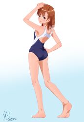 10s 1girls 2019 absurd_res ass bare_legs bare_shoulders barefoot blush brown_eyes brown_hair brunette competition_swimsuit dated djt female full_body gradient_background hi_res looking_at_viewer looking_back matching_hair/eyes misaka_mikoto one-piece_swimsuit school_swimsuit short_hair shoulder_blades signature smile solo standing swimsuit teenage_girl teenager to_aru_kagaku_no_railgun to_aru_majutsu_no_index toes tokiwadai_school_swimsuit young