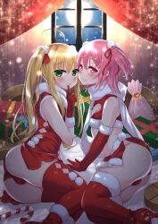 2boys areola_slip areolae balls blonde_hair blush christmas_outfit covered_balls femboy green_eyes lew moon pink_hair red_eyes smile smiling trap uncensored