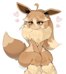 2_tone_fur animal_ears animal_humanoid anthro anthrofied bangs brown_body brown_eyes brown_fur brown_hair chikomokii covering_breasts covering_crotch cute eevee eeveelution female female_focus female_only flat_chest fluffy fluffy_collar fluffy_ears fluffy_tail freckles freckles_on_face freckles_on_thighs fur furry furry_ears furry_female furry_only furry_tail hands_between_legs heart-shaped_pupils knees_together_feet_apart long_hair naked naked_female nude nude_female pokemon pokemon_(species) sitting smile smiling solo thick_thighs thighs wide_hips wide_thighs