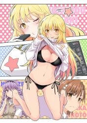 +_+ 2020s 2023 3girls :p bag bikini bikini_under_clothes black_bikini blonde_hair breasts brown_eyes brown_hair brown_sweater_vest character_name cleavage clothes_lift collared_shirt controller feet frown handbag hokaze_junko holding holding_remote_control kneeling large_breasts light-skinned_female light_skin long_hair long_sleeves midriff misaka_mikoto multiple_girls multiple_views navel okara one_eye_closed panels polka_dot polka_dot_background purple_hair remote_control ringlets school_emblem school_uniform schoolgirl shirt shokuhou_misaki short_hair side-tie_bikini_bottom sleeves_past_wrists smile sparkling_eyes star_(symbol) star_print summer_uniform sweater sweater_lift sweater_vest swimsuit teenage_girl teenager to_aru_kagaku_no_railgun to_aru_majutsu_no_index toes tokiwadai_school_uniform tongue tongue_out white_shirt white_sweater yellow_eyes young