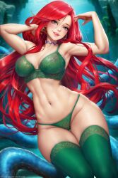 1girls bra chelsea_(ruby_gillman) dreamworks g-string green_bra green_lingerie green_panties green_stockings hip_dips hoop_earrings human_form jpeg lingerie medium_breasts mermaid neoartcore panties red_hair ruby_gillman,_teenage_kraken siren solo_female stockings tagme thigh_gap very_long_hair wide_hips