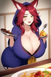 1girls ahri ai_generated ass big_ass cleavage curvy facial_markings female female_focus female_only food foxfire_ahri hoodie huge_breasts league_of_legends looking_at_viewer milf mother nai_diffusion red_hair red_lipstick stable_diffusion thick_thighs vastaya voluptuous voluptuous_female yellow_eyes