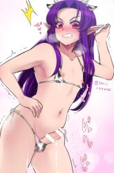 1no_ji ball_bulge censored cow_print femboy feminine_male girly ichino_(ichinon) long_hair micro_bikini otoko_no_ko otokonoko pointy_ears purple_hair side-tie_bikini tomgirl trap