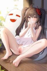 anus ass barefoot blush boo_tao_(genshin_impact) brown_hair butt censored covering covering_breasts feet female flower flower-shaped_pupils genshin_impact ghost hair_between_eyes highres holding holding_towel hong_bai hu_tao_(genshin_impact) knees_up legs long_hair looking_at_viewer naked_towel peeing pussy red_eyes spread_legs symbol-shaped_pupils toenails toes towel twintails urine very_long_hair