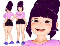 1girls 3d beehive_hairdo blunt_bangs clothed command_grab evaan full_body hand_on_hip huge_breasts large_breasts looking_at_viewer model_sheet navel open_mouth pink_shirt purple_hair sidelocks transparent_background