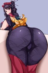 1girls ass back_view blue_eyes breasts clothed dat_ass fate/grand_order fate_(series) female hi_res hips huge_ass huge_breasts hyper katsushika_hokusai_(fate) kimono light-skinned_female light_skin oversized_butt owner_(artist) purple_hair short_hair thick_thighs thighs wide_hips