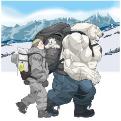 anthro arm_scar backpack bear beard big_bulge big_muscles big_pecs blonde_hair body_hair boots bottomwear brown_hair bulge carrying carrying_another chan_kiti_chan_(artist) chest_hair clothing coat facial_hair facial_scar family father father_and_child father_and_son footwear fur group hair hi_res hiking human human_on_anthro interspecies larger_anthro larger_male male male/male mammal miabs mountain multicolored_hair muscular nipples pants parent parent_and_child pecs polar_bear scar shirtless size_difference smaller_human smaller_male snow son topwear trio ursine white_body white_fur winter