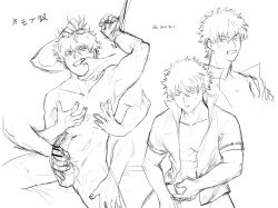 arm_up bar_censor clenched_teeth completely_nude disembodied_hands erection finger_in_another's_mouth gintama gintoki_sakata godzillapigeon1 hair_grab handjob male male_focus monochrome nude pec_grasp penis questionable_consent restrained sketch sketch_page solo_focus