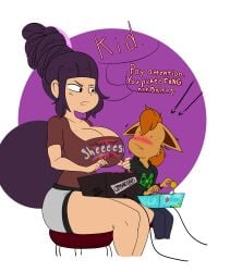 1boy 1girls arcade_stick blush clavicle cleavage clothed command_grab furry gaming huge_breasts interspecies jascoe-sauce large_breasts legs looking_at_another orange_hair purple_background purple_hair shocked short_shorts sidelocks sitting speech_bubble xavier_jascoe