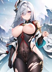 1girls ai_generated areolae blush bodysuit breasts breasts_out clothing covered_navel female female_only genshin_impact grey_hair hi_res high_resolution long_hair nipples open_mouth purple_eyes shenhe_(genshin_impact) slythara solo thighs wide_hips