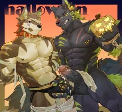 2022 abs absurd_res anthro balls biped canid canine canis duo erection gag genitals halloween hi_res holidays humanoid_genitalia humanoid_penis jack-o'-lantern kitai_su male mammal muscular muscular_anthro muscular_male nipple_piercing nipples penis piercing wolf