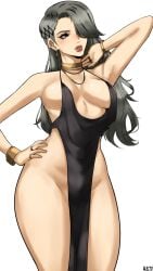 alecto_0 bangle bare_legs bare_thighs black_dress breasts dress grey_hair jewelry medium_breasts necklace persona persona_5 red_eyes revealing_clothes ring sae_niijima sideboob skimpy tagme thick_thighs thighs underboob wide_hips