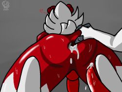 absol anthro bodily_fluids canid cum digital_media_(artwork) duo erection fur generation_3_pokemon generation_7_pokemon genital_fluids genitals hair heart lycanroc male male/male mammal midnight_lycanroc nintendo penis pokemon pokemon_(species) red_body red_fur ronai_fox simple_background white_body white_fur