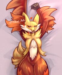 <3_eyes 5:6 absurd_res anthro bed bedroom_eyes breasts canid canine delphox female fox fur generation_6_pokemon heart hi_res looking_at_viewer mammal medium_breasts narrowed_eyes nintendo pokemon pokemon_(species) seductive skai_art solo