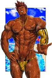 1boy abs alternate_skin_color bara beach beckoning black_male_underwear blush bukkake_rice bulge chain_necklace cock_ring cross_scar dark-skinned_male dark_skin facial_hair fate/grand_order fate_(series) feet_out_of_frame flaccid goatee head_tilt highres jewelry large_pectorals long_sideburns looking_at_viewer male_focus male_only male_swimwear male_underwear mature_male muscular muscular_male napoleon_bonaparte_(fate) naughty_face navel necklace nipples outstretched_hand pectorals penis penis_peek reaching_towards_viewer scar scar_on_chest sex_toy short_hair sideburns single_sleeve solo spiked_hair standing steaming_body stomach swim_briefs tan thick_thighs thighs topless_male underwear yellow_male_swimwear