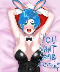 1girls alternate_breast_size alternate_version_available animal_ear_fluff animal_ears armpit_crease armpit_stubble armpits arms_above_head arms_up bed bedroom black_bow black_bowtie black_leotard blue_hair blue_nail_polish blue_nails blush bow bow_tie bowtie breasts breasts_bigger_than_head bunny_costume bunny_ear bunny_ears bunny_girl bunnygirl bunnysuit cleavage covered_navel detached_collar detached_sleeves eddarxart eyes eyes_visible_through_hair fanservice female from_above furrowed_brow furrowed_eyebrows gender_bender gender_transformation genderbent genderswap_(mtf) green_eyes half-closed_eyes heart_in_mouth holostars holostars_english holostars_english_-tempus- huge_breasts ice in_bed large_breasts latex laying laying_back laying_down laying_on_back laying_on_bed nail_polish on_back open_mouth open_smile pillow playboy_bunny rabbit_ears regis_altare rule_63 sole_female solo solo_female solo_focus strapless strapless_leotard teasing teasing_viewer tomboy upper_body virtual_youtuber vtuber waiting year_of_the_rabbit yes-no_pillow