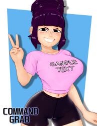 1girls 3d beehive_hairdo blunt_bangs cameltoe clothed command_grab evaan grin huge_breasts large_breasts looking_at_viewer navel peace_sign pink_shirt purple_hair sidelocks skin_tight transparent_background