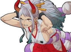 1girls angry arms_behind_head bare_arms big_breasts blue_hair breasts brown_eyes chained clenched_teeth clothed clothing curvy ear_piercing earrings female female_focus female_only glaring gradient_hair green_hair hair_stick hi_res highres hoop_earrings horned_humanoid horns humanoid japanese_clothes large_breasts light-skinned_female light_skin liresline long_hair multicolored_hair one_piece oni oni_horns orange_eyes pixel_art revealing_clothes shackles shimenawa sideboob simple_background sleeveless solo two_tone_hair white_hair wide_hips yamato_(one_piece) youkai