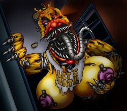 absurd_res animatronic anthro avian beak beakstick big_breasts bird breasts canon_appearance chicken female five_nights_at_freddy's five_nights_at_freddy's_4 furgonomics galliform gallus_(genus) happyanthro hi_res lipstick machine makeup nightmare_chica_(fnaf) nightmare_fuel nipples non-mammal_breasts phasianid robot scottgames sharp_teeth teeth