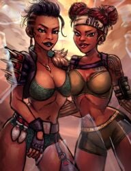 2girls after_kiss ajay_che apex_legends bikini black_female black_hair breasts bun_hair buns buttplug dark-skinned_female dark_skin girls headband lifeline_(apex_legends) lipstick lipstick_mark mad_maggie_(apex_legends) milf multiple_girls red_hair saliva saliva_trail spit_trail swimsuits switchlaid tattoo tattoos yuri