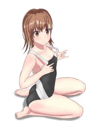 1girls 2020 2020s :< ass bare_legs bare_shoulders barefoot blush breasts brown_eyes brown_hair collarbone competition_swimsuit female full_body hi_res kneeling looking_at_viewer matching_hair/eyes misaka_mikoto navel_visible_through_clothes one-piece_swimsuit school_swimsuit short_hair small_breasts solo swimsuit teenage_girl teenager thick_thighs thighs to_aru_kagaku_no_railgun to_aru_majutsu_no_index toes tokiwadai_school_swimsuit umisashi white_background young