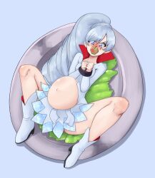 apple_in_mouth big_belly bloated bloated_belly dinner dinner_plate dinner_table fattened_for_slaughter force_feeding hands_tied rwby stuffed_belly weiss_schnee